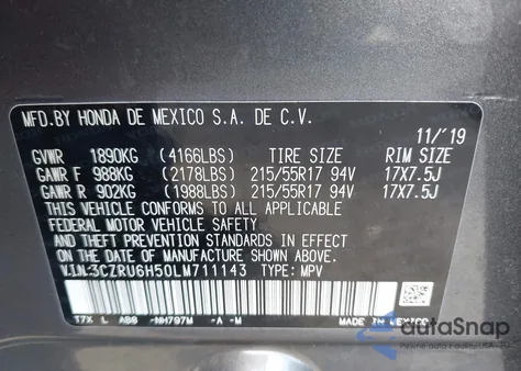 2020 Honda Hr-V Awd Ex z USA, uszkodzony, nr VIN 3CZRU6H50LM711143